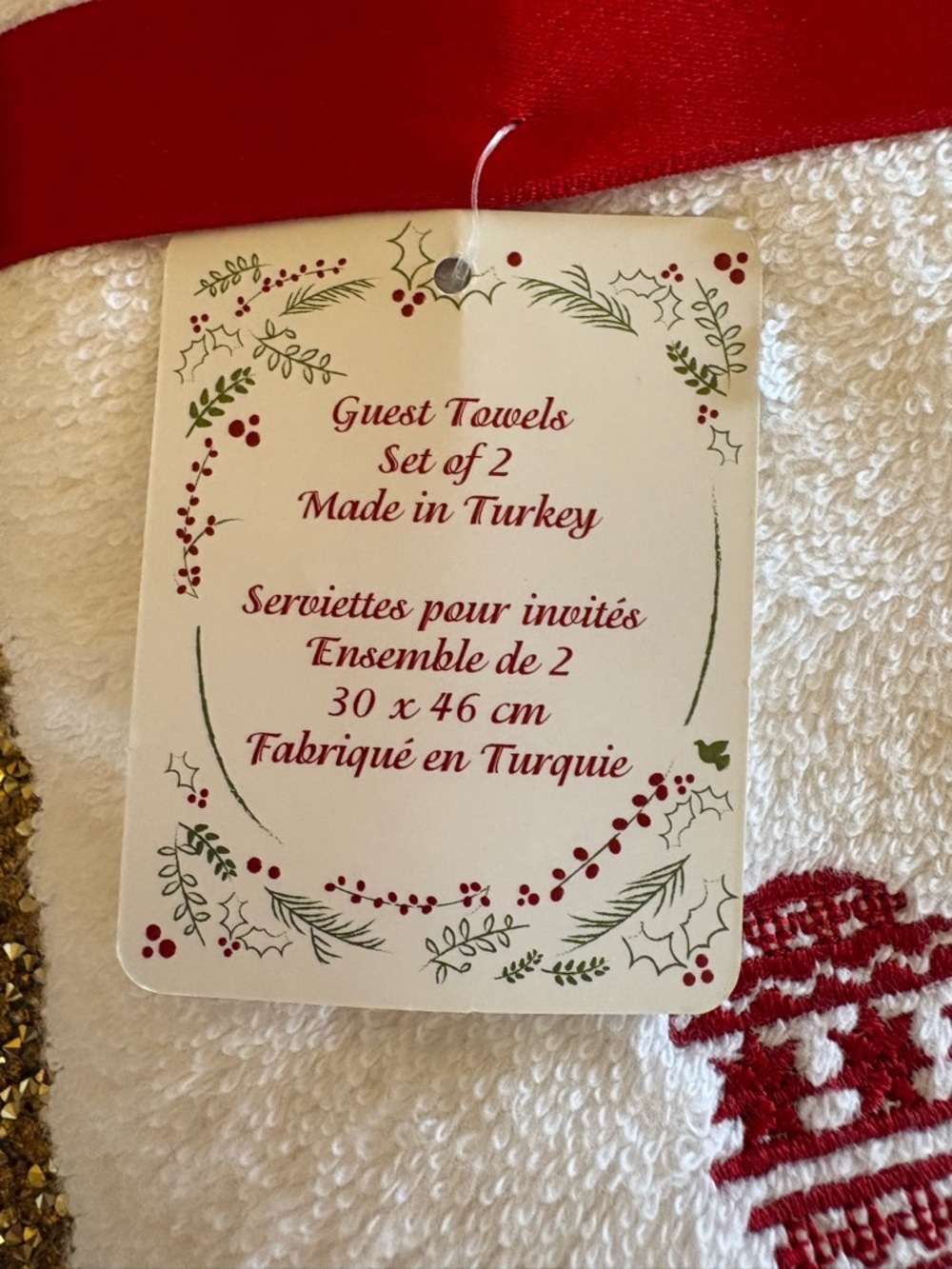 Holiday 'Tis the Season NWT Embroidered White Set of 2 Hand Towel/ Red Accent - Picture 2 of 6